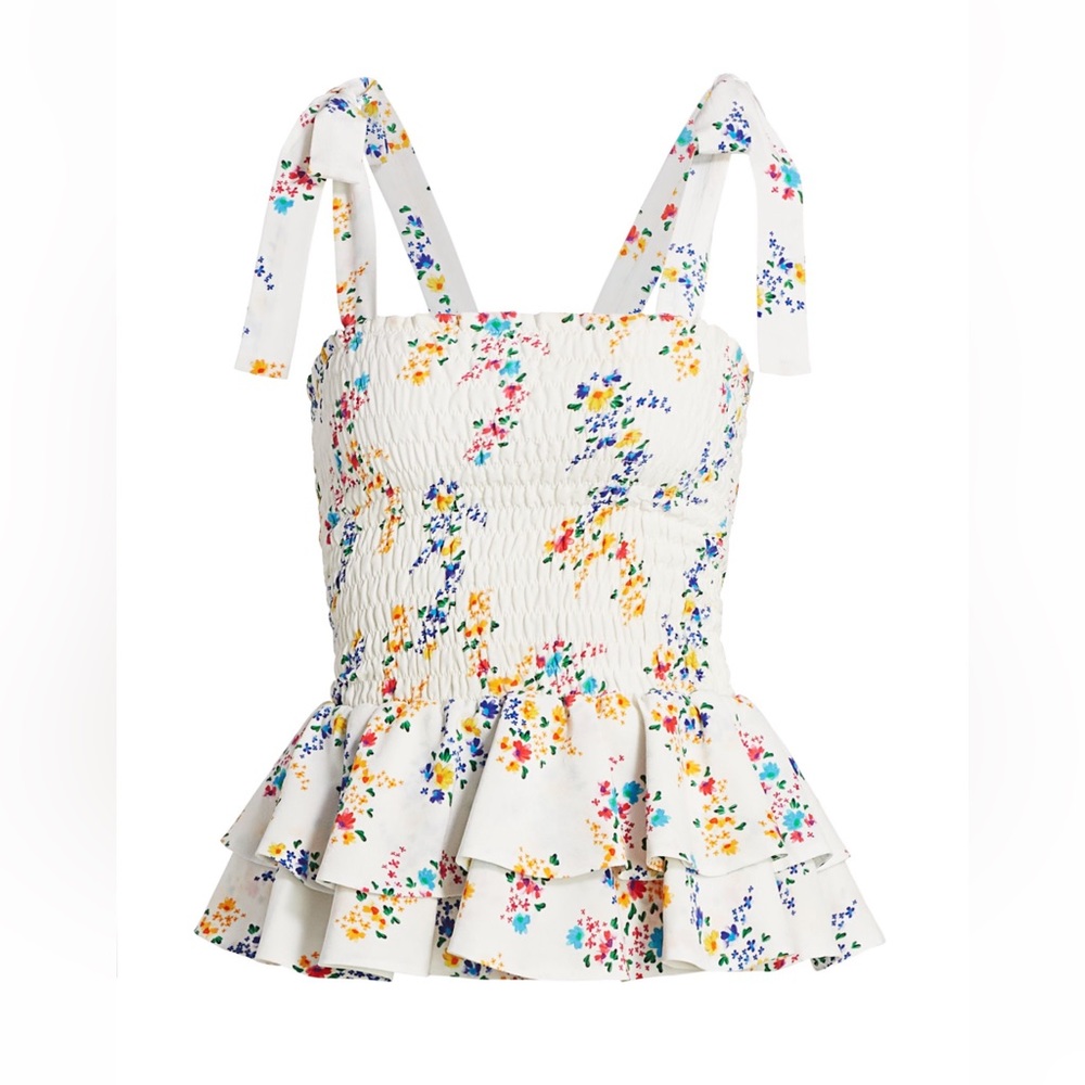 All Things Mochi Halo Tie-Strap Smocked Silk Peplum Top